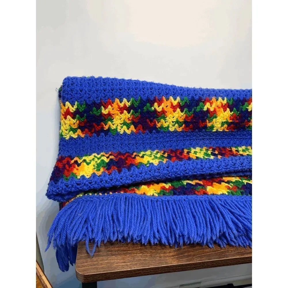 Handcrafted Fringe Woven Rug Blanket Blue Yellow Hues 54x58''
